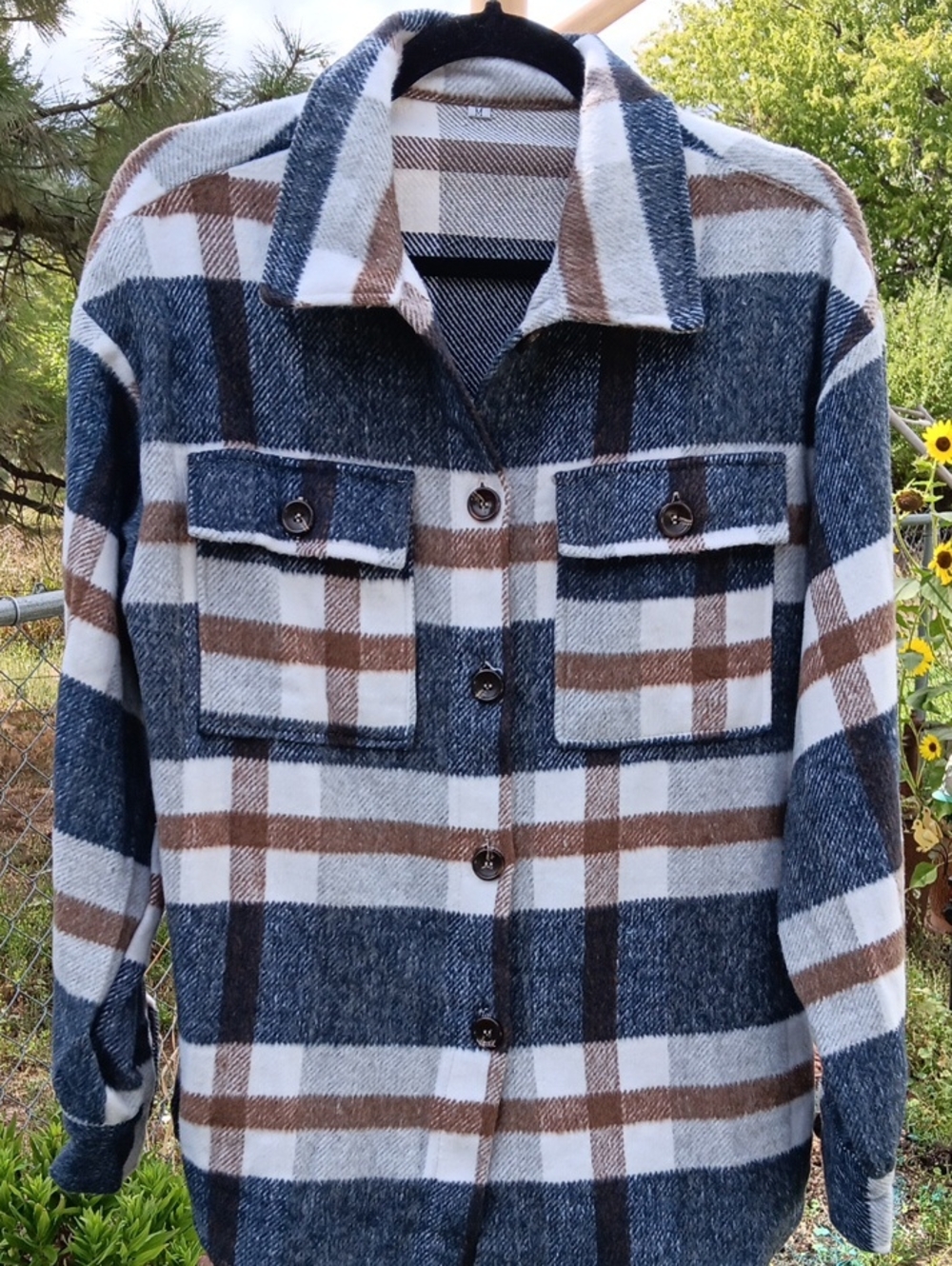 Womens Or Men's Plaid Button-Up Shacket Jacket - Blue, Brown & White